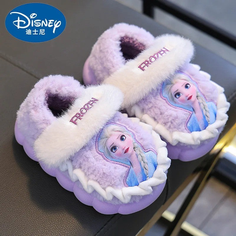Chinelo de Algodão Infantil Inverno Princesa Disney Elsa Frozen Menina Antiderrapante Quente Para Bebê Rosa Azul Tamanho 26-35