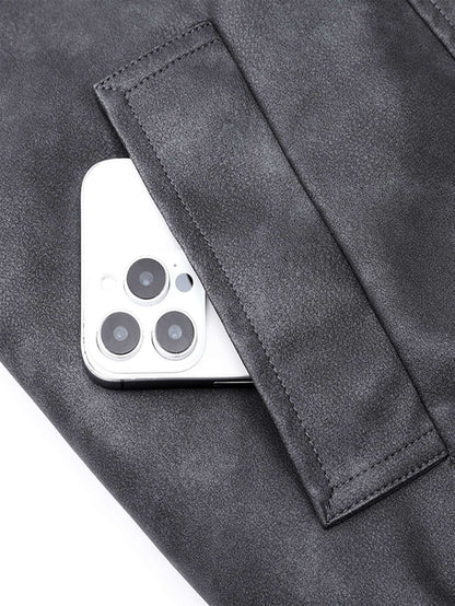 Plus Size Men's Casual Loose Fit Turndown Collar Motorcycle PU Leather Jacket, Suitable For Autumn, Zipper Front