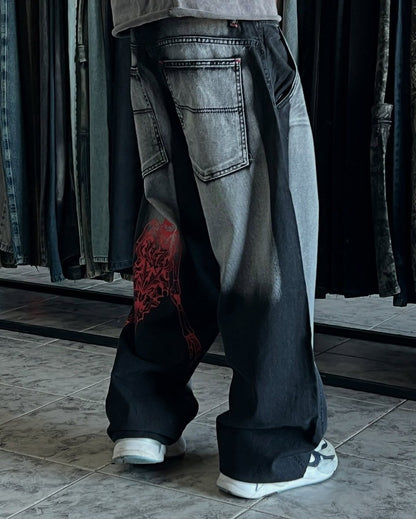 Street New Fashion Red Skull Embroidered Blue Washed Wide-leg Jeans Female Y2K Vintage Hip Hop Popular High Waist Denim Trousers