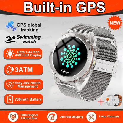 Novo T-Rex 3 GPS Smart Watch AMOLED de 1,43" à prova d'água 10ATM GNSS de banda dupla integrado Bússola Militar Esportivo Smartwatch Pulseira Masculina