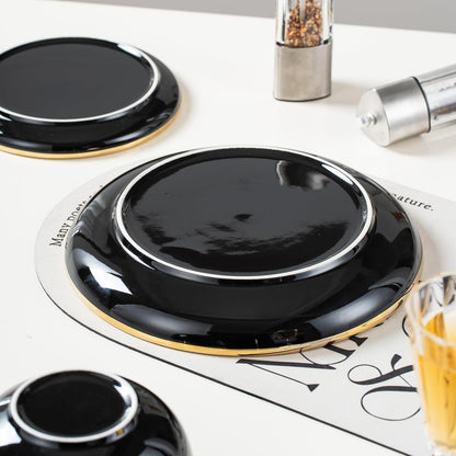 Black Ceramic Dinnerware Sets for 4, 16-Piece Contrast Plates and Bowls Set with Gold Rim, Crack Resistant | Dishwasher & Freeze