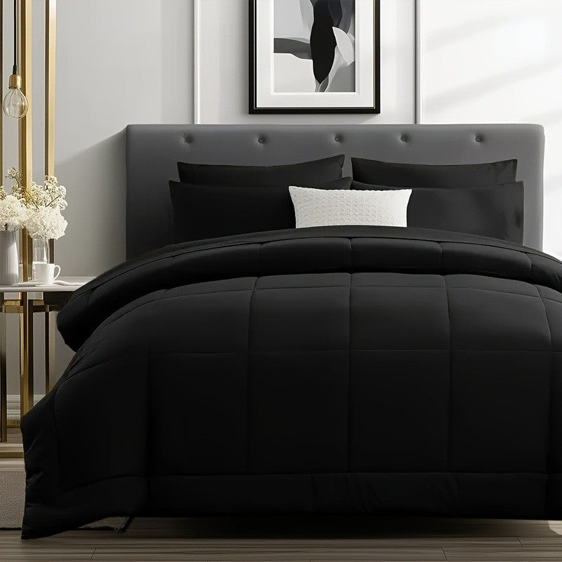 Edredom Xadrez Luxuoso de 5/7 Peças, Microfibra Macia, Respirável, Fácil de Cuidar para Todas as Estações, Conjunto de Cama com Alternativa de Pena de Ganso