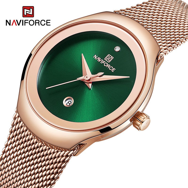 NAVIFORCE Luxury Green Analog Date Quartz Fashion Ladies Watches Mesh Steel Strap Waterproof Business Women Wristwatch Clocks