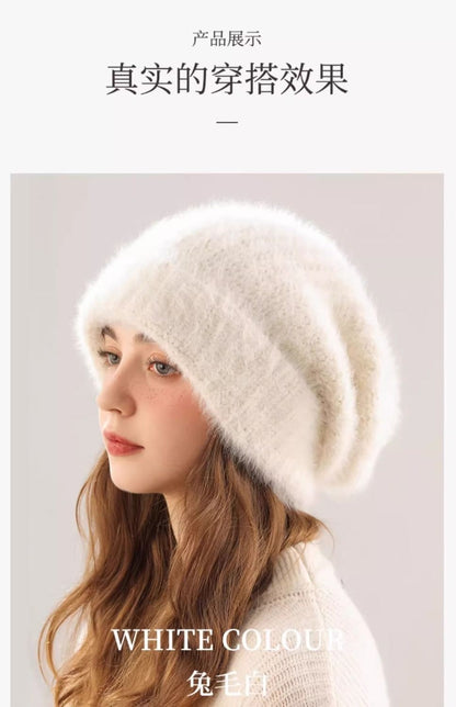 Angora Rabbit Fur Beanies Women's Warm Fluffy Knitted Slouchy Beanie Hat Female Soft Oversize Thermal Hats Autumn Winter