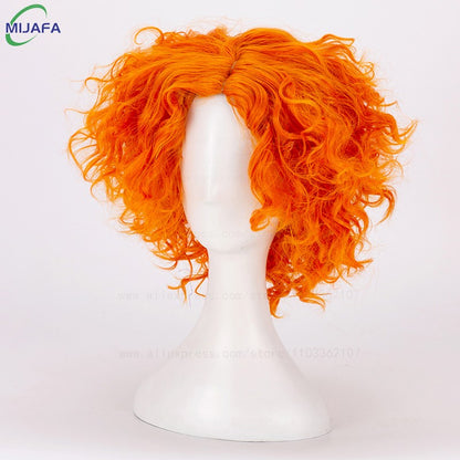 Peruca de Cabelo Curto Cacheado de Alta Qualidade do Chapeleiro Maluco Alice no País das Maravilhas, Laranja, Resistente ao Calor, Sintética, para Anime + Touca de Peruca