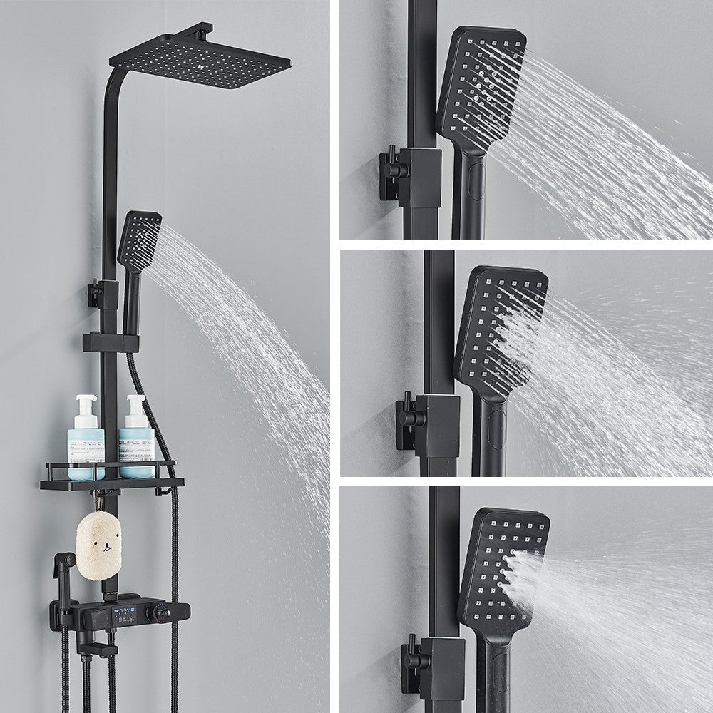 Black Digital Display Thermostatic Shower Faucet Bathroom Thermostatic 4 ways Rainfall Shower Mixer Tap,Shelf and Bidet Faucets