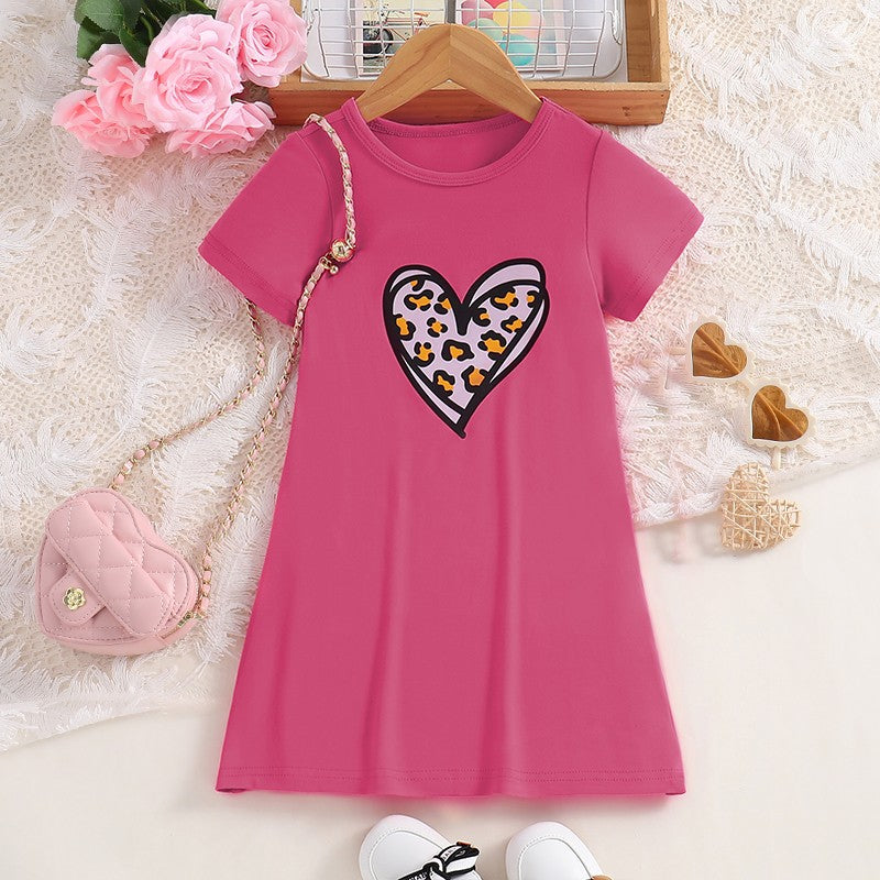 Girls Summer Thin Fashion Casual Dress Love Leopard Print Short Sleeve Round Neck Knitted Skirt Children's Minimalist Clothing