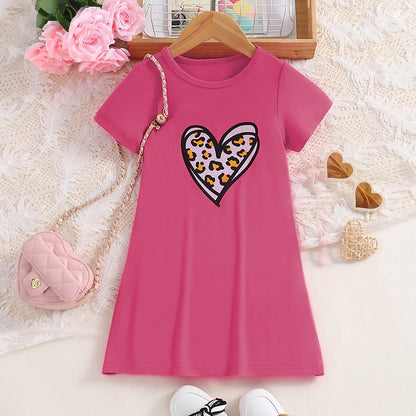 Girls Summer Thin Fashion Casual Dress Love Leopard Print Short Sleeve Round Neck Knitted Skirt Children's Minimalist Clothing