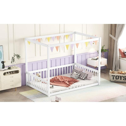 Full-Size Canopy Bed Frame with Safety Rails and Fence - White Finish