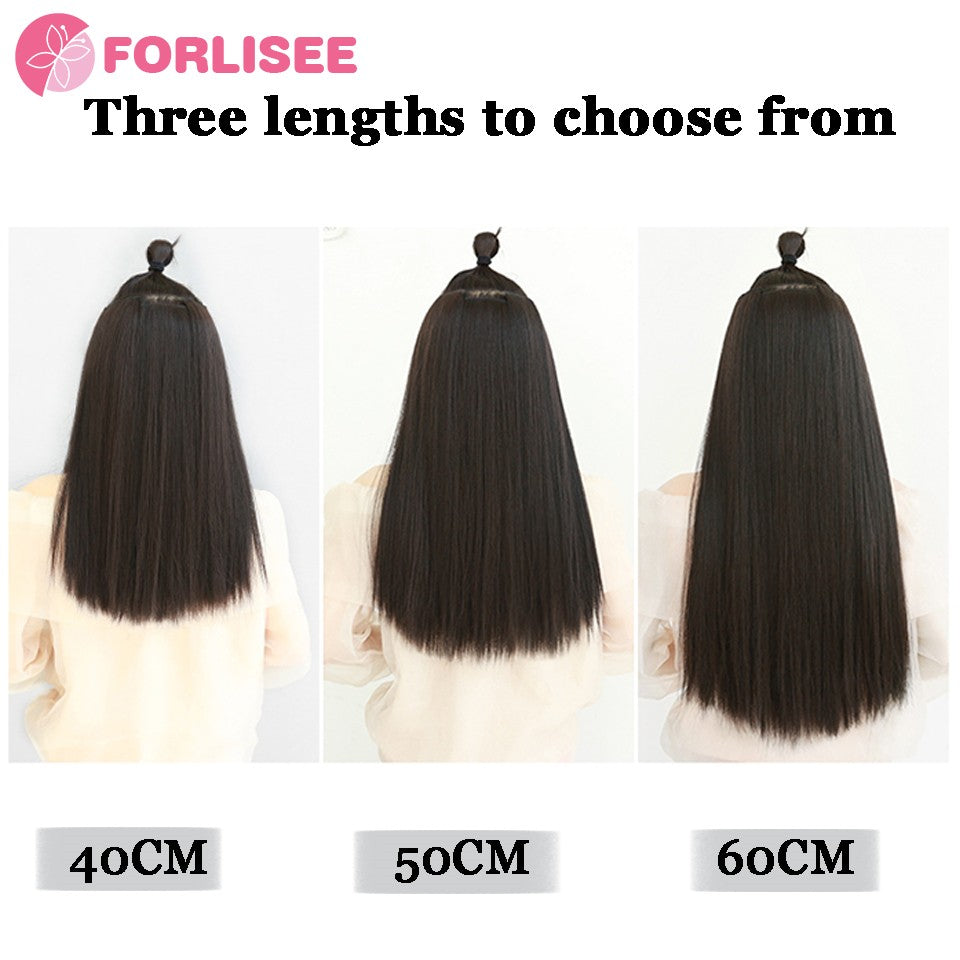 Aplique de Peruca Sintética de Quatro Peças Para Aumentar o Volume do Cabelo Peruca Longa Lisa Preta Fofa Peça de Extensão de Cabelo Invisível Sem Costura