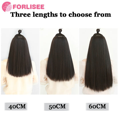 Aplique de Peruca Sintética de Quatro Peças Para Aumentar o Volume do Cabelo Peruca Longa Lisa Preta Fofa Peça de Extensão de Cabelo Invisível Sem Costura