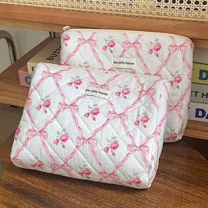 Cute Bow Flower Cloth Handbag Quilting Cotton Makeup Bag Women Zipper Cosmetic Organizer Portable Toiletry Case for Girls