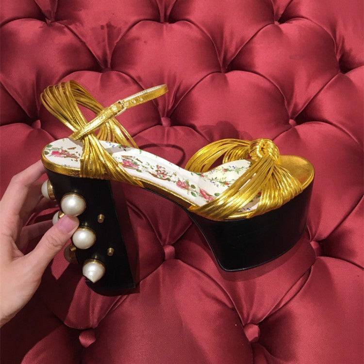 Luxury Brand Women's Summer Fashion Metal Platform Sandals Large 34-42 Super High Heel Thick Bottom Rivet Party Women's Shoes