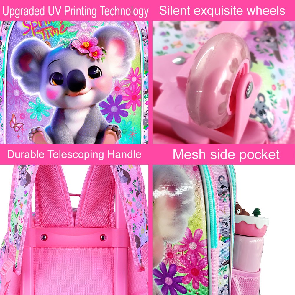 Mochila de Rodinhas 3 Peças para Meninas, Linda Mochila de Rodinhas Infantil de Coala? Mochila Escolar com Rodas para Ensino Fundamental, Pré-escola, Viagem