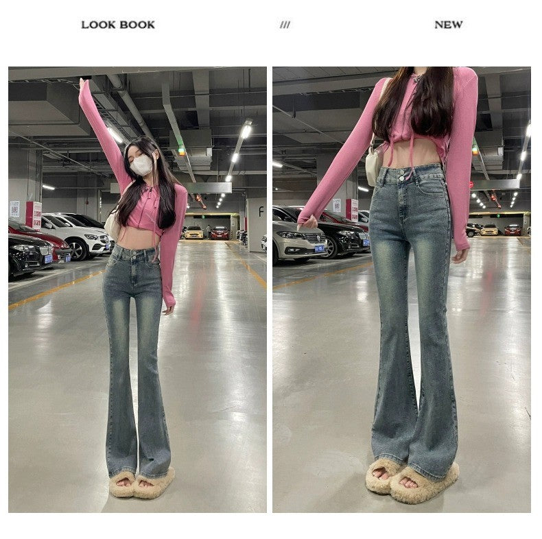 High Waist Fce Lined Thiened Autumn Winter American Bla ey Micro Flared Jeans Women Slimming Legging  Hoof Pants