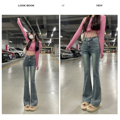 High Waist Fce Lined Thiened Autumn Winter American Bla ey Micro Flared Jeans Women Slimming Legging  Hoof Pants