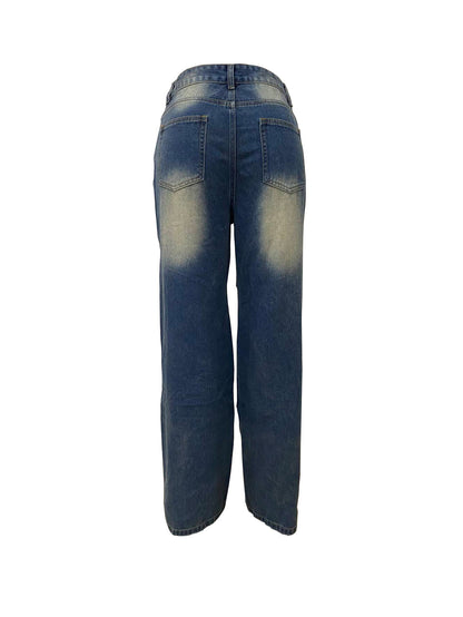 2025 New European and American Women's Clothing Fashion Street Trend Hollow Nail Buckle Old Straight Loose Denim Trousers