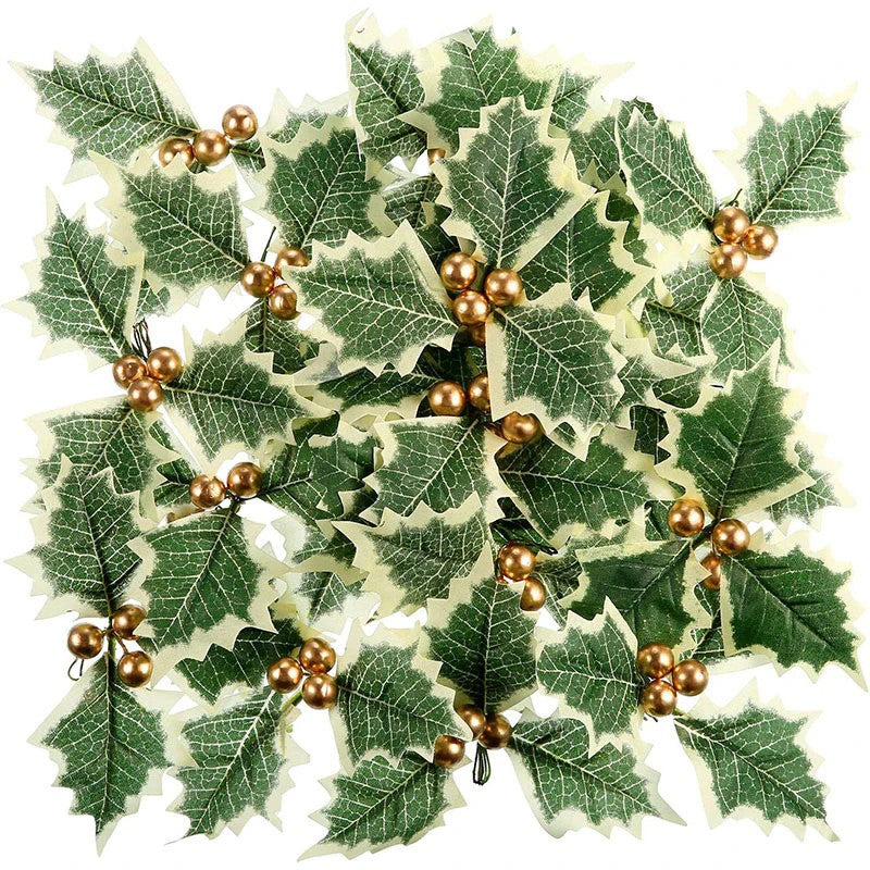 50/10Pcs Artificial Holly Berries With Green Leaves DIY Christmas Wreath Wedding Flower Gifts Xmas New Year Festival Decorations
