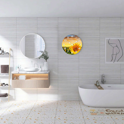 1pc wooden wall clock, Sunflower Garden design wall clock at sunset, round silent clock, for living room bedroom, room decoratio