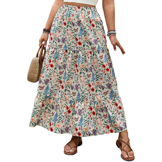 Women s Vintage Boho Style Maxi Skirt with Elastic Waistband Flowy Floral Print Summer Skirt for Casual Daily Wear