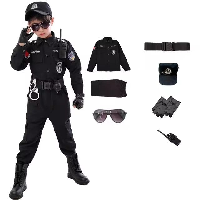 SWAT Children Halloween Policeman Cosplay Costumes Kids Carnival Police Uniform 110-160cm Boys Army Policemen Soldier 7 Pcs/Sets