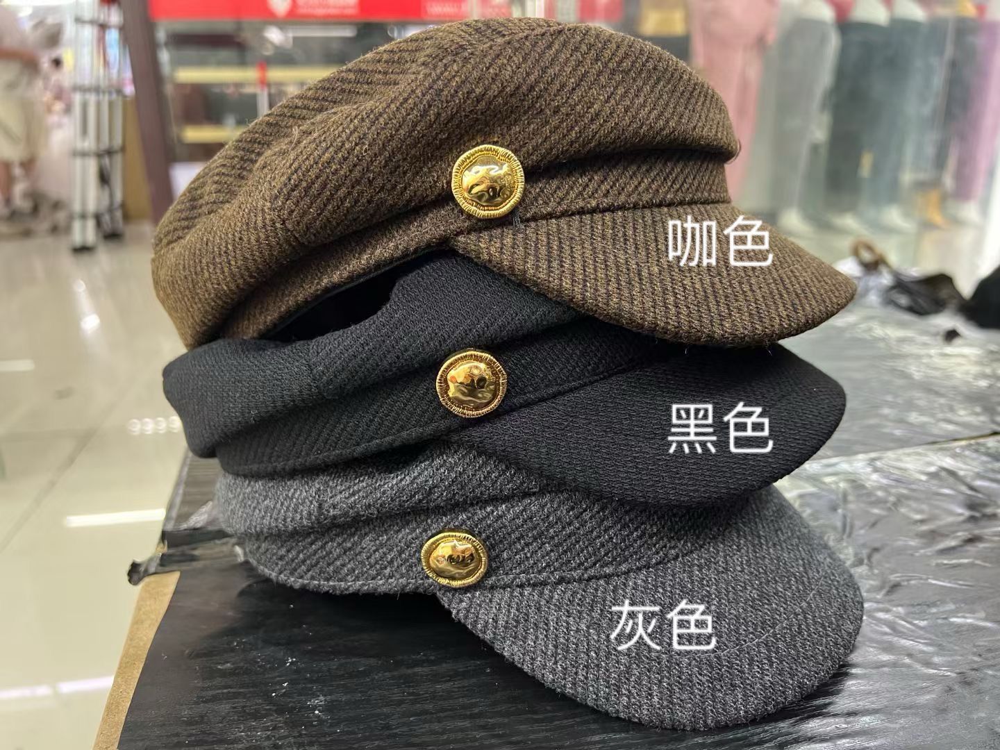 Korean Blogger Same Style Metal Button Autumn Winter Maillard Duck Bill Hat Woolen Newsboy Cap Eight Panel Hat for Women