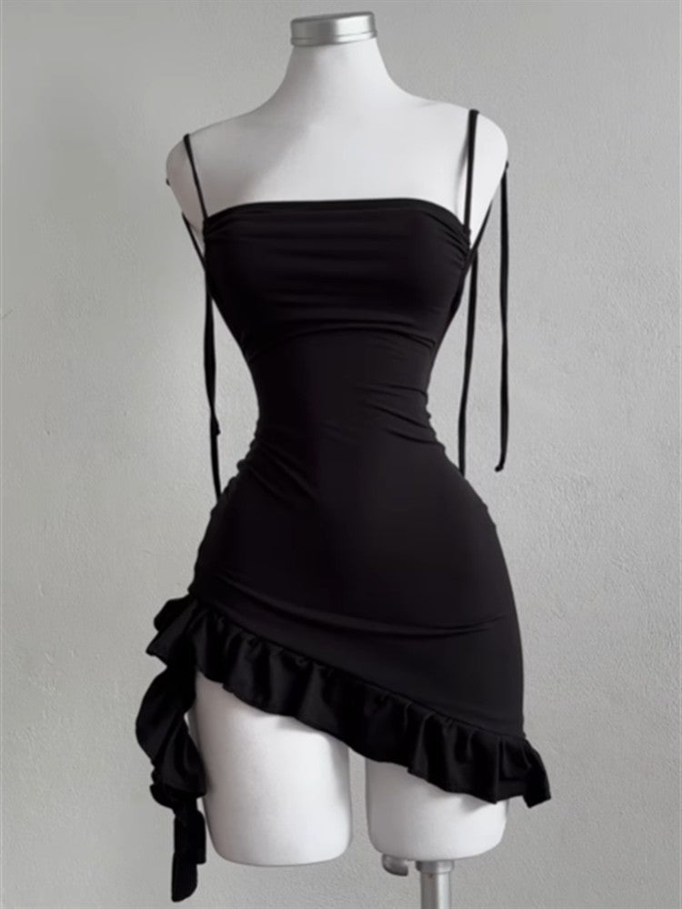 Sleeveless Backless Ruffles Mini Dress Women Summer Y2K Lace Up Black Bodycon Dresses Party Club Streetwear 2025 New Sundress