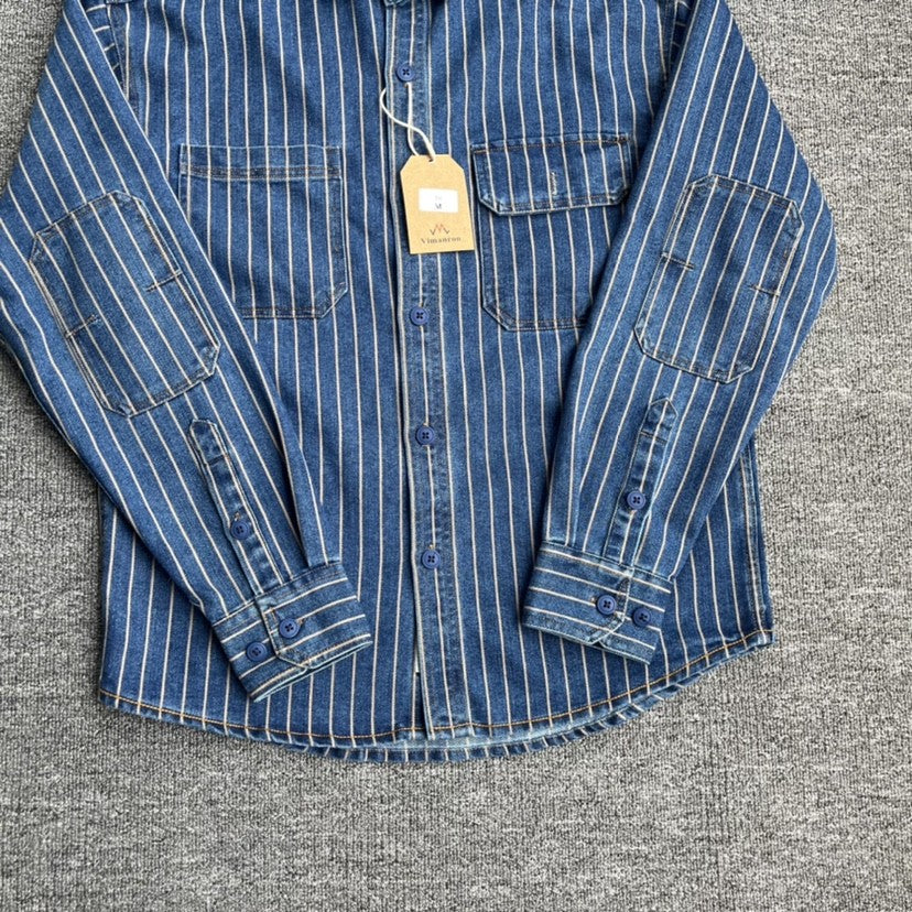 Spring New American Retro Heavyweight Denim Cargo Striped Shirt Men's Simple 100% Cotton Washed Old Casual Blouses Thin Jacket