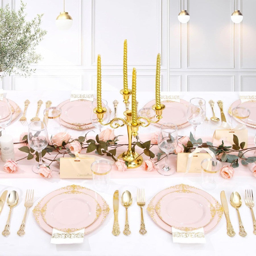 700PCS Pink Plastic Plates Pink and Gold Plates Luxury Pinks Plastic Dinnerware Set Include 200 Pinks Disposable Plates 300 Hea