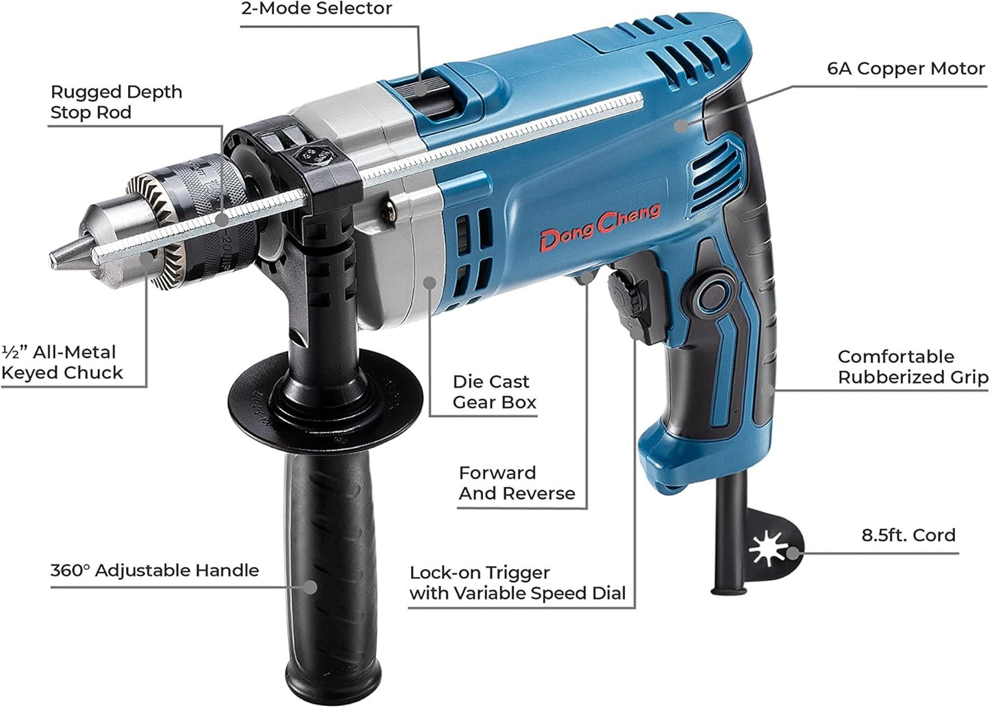 Furadeira de Impacto Poderosa de 6A com Mandril de 1/2 Polegada, Ferramenta de Impacto de 3000 RPM para Tijolo, Metal e Madeira - Inclui 15 Brocas