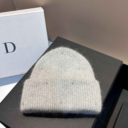 Rhinestone Decor Rabbit Fur Knitted Hat Warm Ear Flap Beanie for Women Luxury Soft Slouchy Cap Face Slimming Design