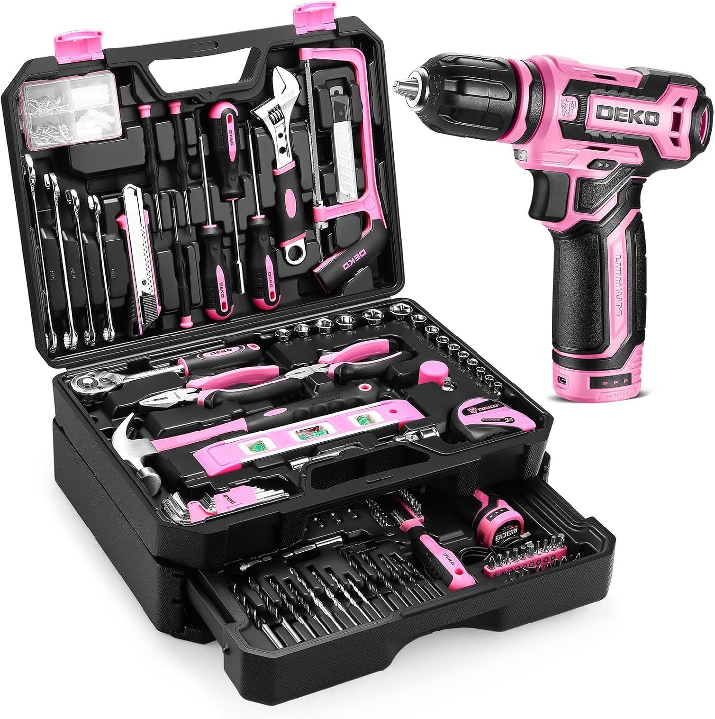 Caixa de ferramentas DEKO Home Mechanic com furadeira sem fio 12V, kits combinados de conjuntos de ferramentas de reparo manual e estojo organizador de armazenamento com gaveta