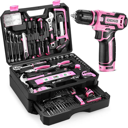 Caixa de ferramentas DEKO Home Mechanic com furadeira sem fio 12V, kits combinados de conjuntos de ferramentas de reparo manual e estojo organizador de armazenamento com gaveta