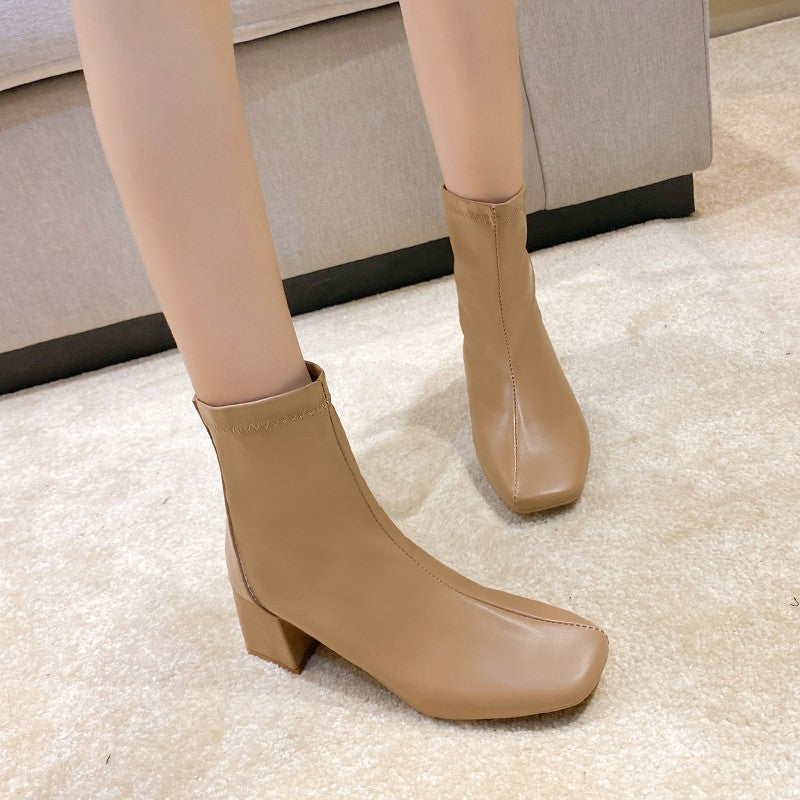 Casual Women's Thick Heel Medium Heel Boots Women's 2025 New Winter Square Toe Back Zipper Heightening Short Boots