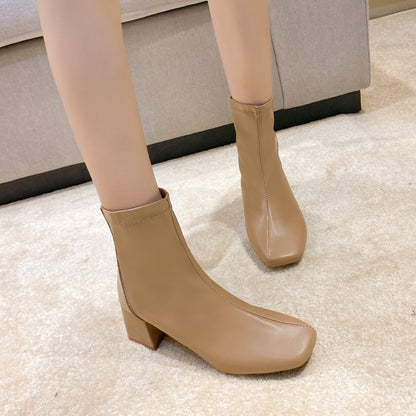 Casual Women's Thick Heel Medium Heel Boots Women's 2025 New Winter Square Toe Back Zipper Heightening Short Boots