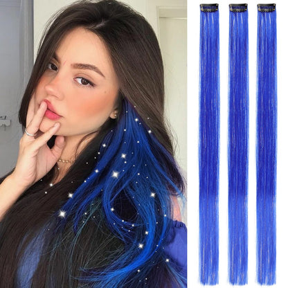 Extensões de Cabelo Sintéticas Rosa Choque com 6 Clipes, Mechas Metálicas, Extensões Coloridas de 55cm, Cabelo Arco-Íris 2 em 1