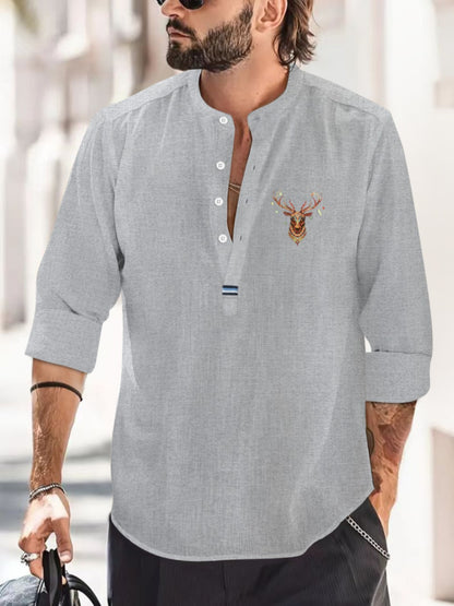 2025 Men's fashionable spring and autumn leisure beach style solid color top collarless creative pattern shirt