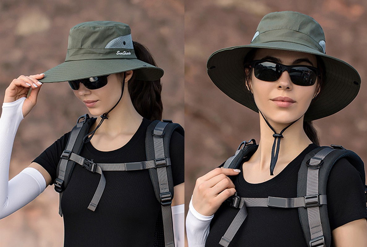 Xinbaoguan 100% Polyester Summer Outdoor Sun Hat, Breathable Sun Hat, Folding Sun Hat, Female Ponytail Hole Fisherman Hat
