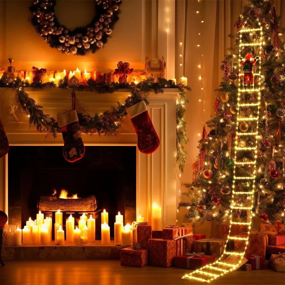 Christmas Decoration 2025 Santa Claus Climbing Ladder Room Decoration Home Outdoor Garden Cristmas Tree Ornement Gift LED
