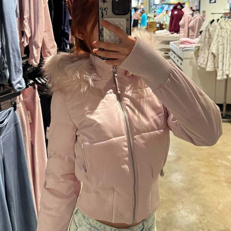 Fashion Women's Cotton Jacket Fur Collar Zipper Slim Waist Pocket Warm Thicken Coat Autumn Winter Hooded Jacket Lady Outwears
