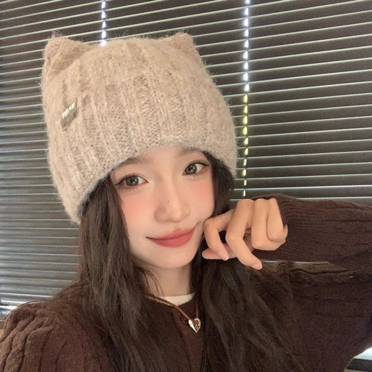1PC Cat Ear Knitted Beanies, Cute Winter Warm Wool Hats For Women, Korean Style Fashion Headwear