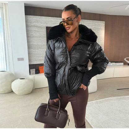 Vintage Women's Fur Coat Elegant Furs Collar Puffer Thicken Full Sleeve Jacket With Furs Female 2025 Autumn Winter Woman Coats