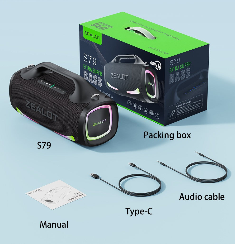 Caixa de Som Sem Fio Zealot S79 100W, Subwoofer Portátil para Exterior, Qualidade de Som Hifi, Pareamento Duplo, Carregamento Rápido, 24000mAh.