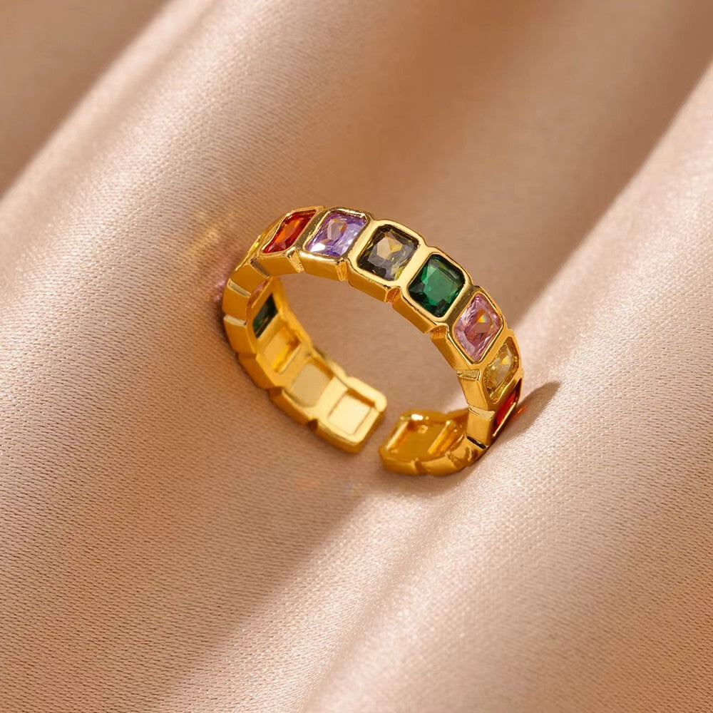 Anéis de Luxo em Aço Inoxidável Banhado a Ouro Pedra Colorida Zircônia Cristal Coração Anel Feminino Casamento Joias Boho Presente de Natal