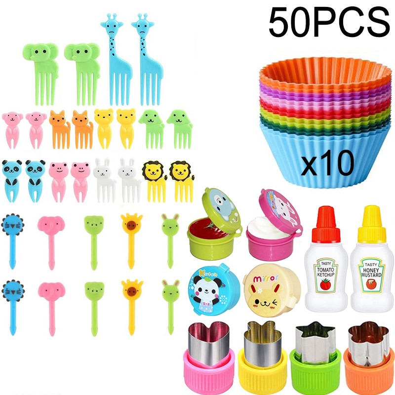 Mini Garfos de Fruta para Crianças Animais Fofos Palitos para Lanches com Cortador de Vegetais Conjunto de Divisórias de Silicone para Lancheira