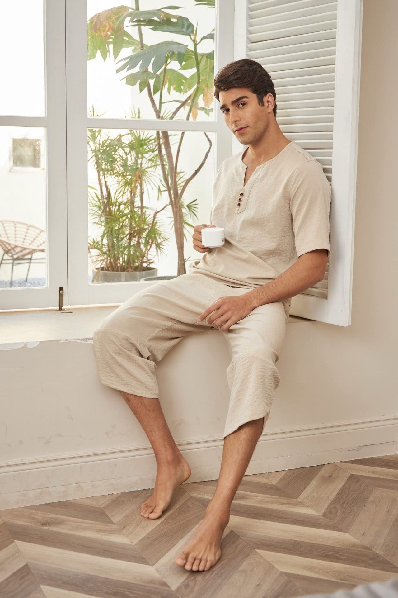 Summer Cotton Linen Shirt Set Men's Casual Outdoor 2-Piece Suit Andhome Clothes Pajamas Comfy Breathable Beach Short Sleeve Sets