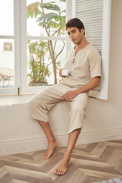 Summer Cotton Linen Shirt Set Men's Casual Outdoor 2-Piece Suit Andhome Clothes Pajamas Comfy Breathable Beach Short Sleeve Sets