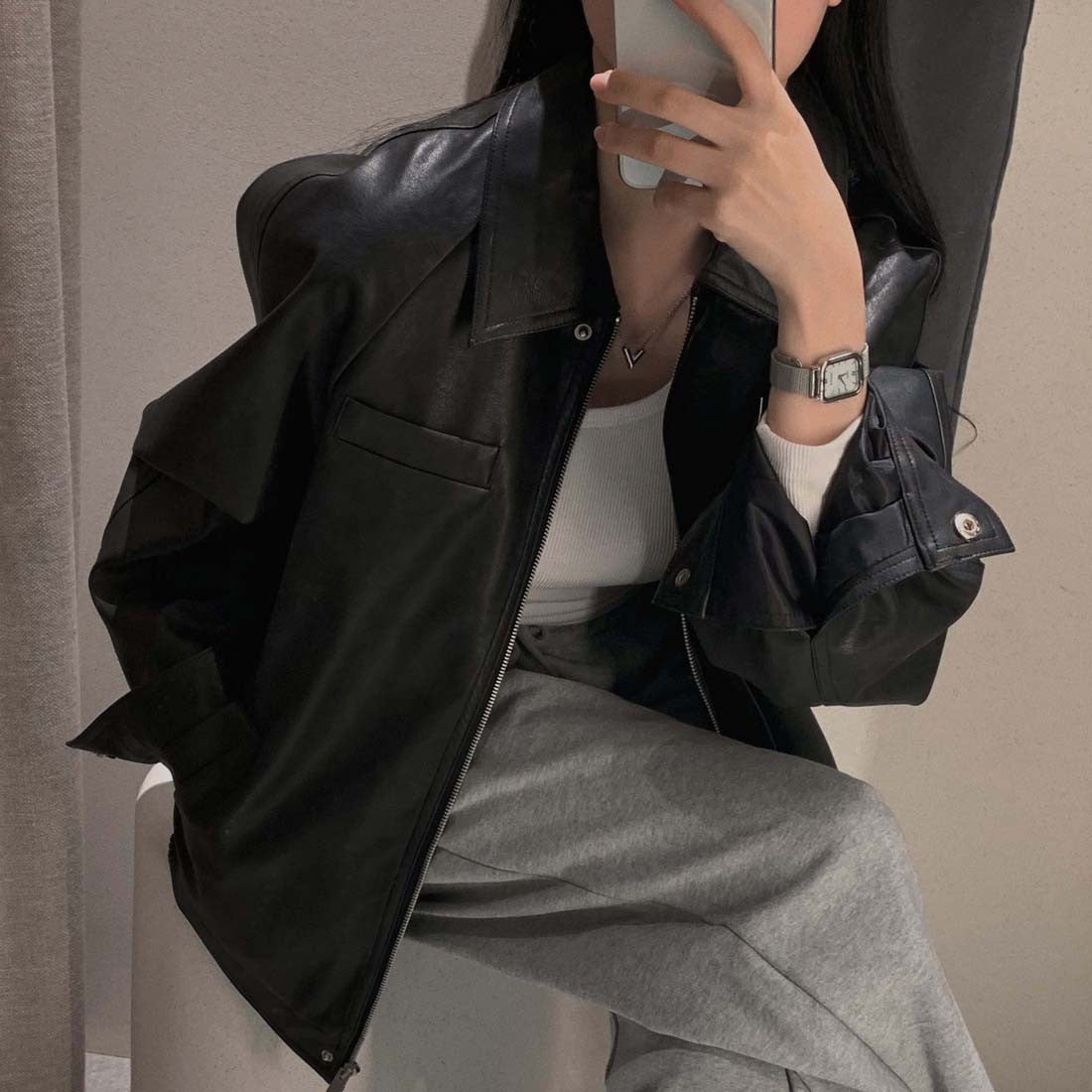 Sli Loose PU Leather Jaet Women's Chic Retro Collar Versatile BF Sle Motorcycle Clothes Trendy Long Sve Zipper