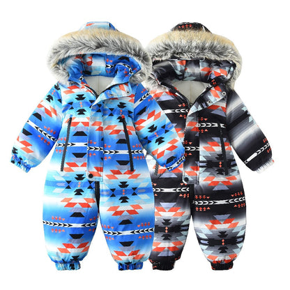 YBFSKID Kids Boys Winter Rompers Geometric Pattern Plush Thick Toddler Baby Boys Ski Suit Fur Collar Little Boys Jumpsuit Outfit