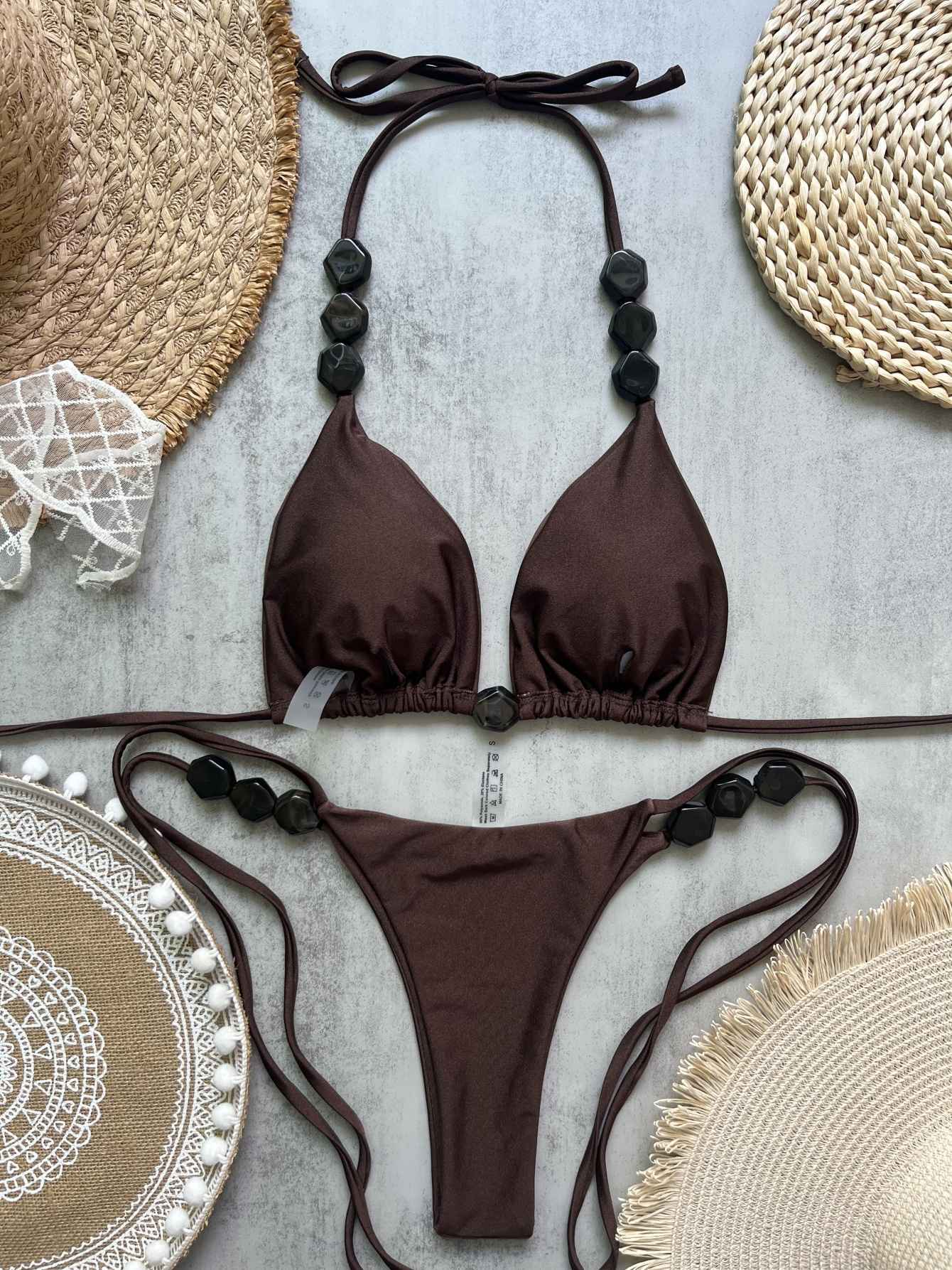 2025 Sexy Bead Bikini Swimwear Women Halter Bikini Swimsuit Beach Halter V Neck Bikini Set Beachwear Summer Bathing Suit